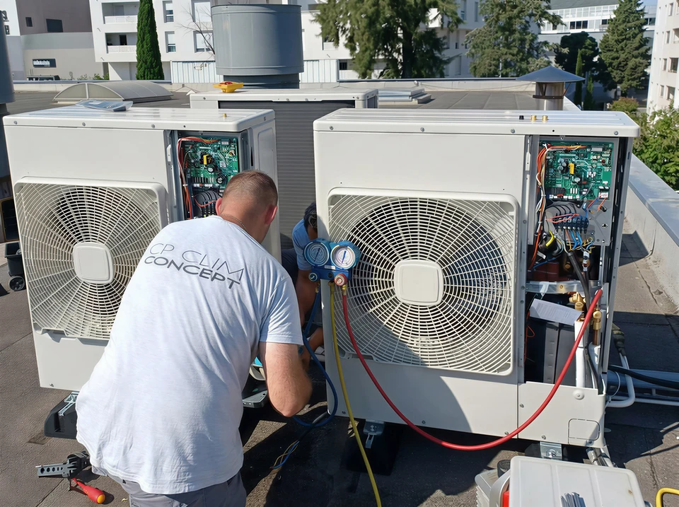 Techniciens sur toiture plate entretenant deux unités extérieures de climatisation split-system